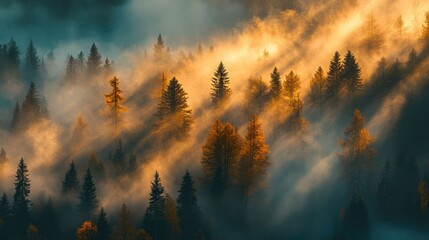 Naklejka premium Sunset over the forest and mountains with a beautiful sky, clouds, and orange light casting a silhouette of trees, capturing the beauty of nature at dusk