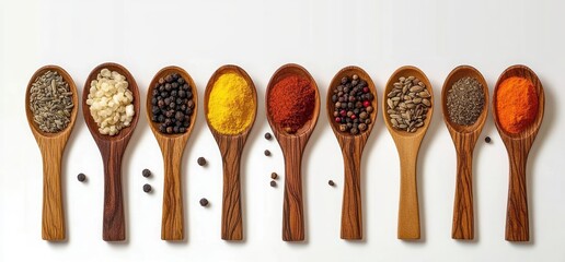 Vibrant Arrangement of Spices in Wooden Spoons on White Background
