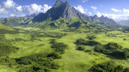 Fototapeta premium Lush green valley, majestic mountains, sunny sky, aerial view; perfect for travel brochures