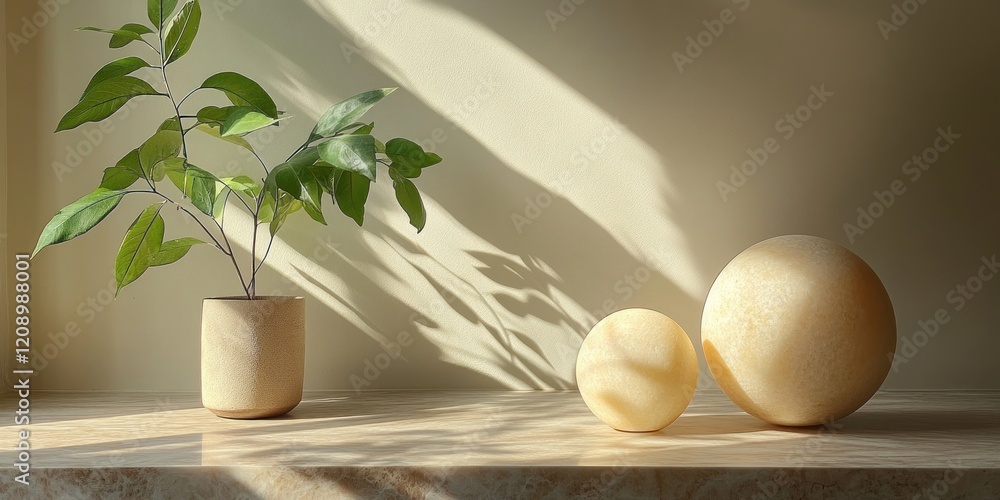 Poster elegant minimalist display with circular forms and green leaves