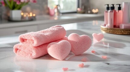 Pink Heart-Shaped Bath Sponges and Towels on Marble Countertop with other accessories
