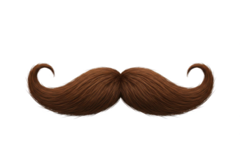 Thick, curved brown moustache with soft, realistic hair texture, isolated on a white background