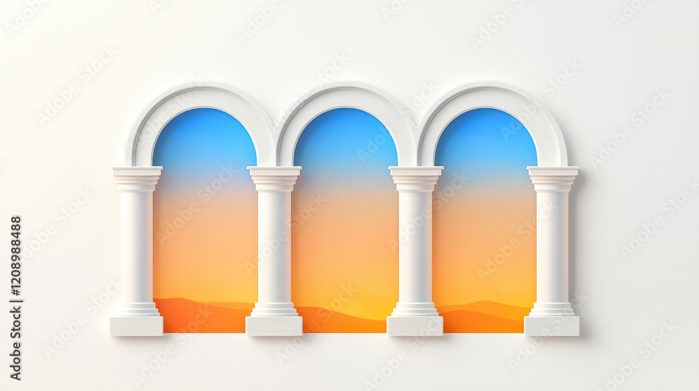 Poster minimalist design featuring three arches with sunset gradient
