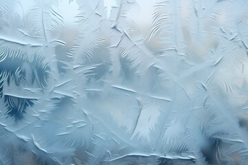 An upclose view of intricate frost patterns on windowpanes during a cold winter morning, accentuating the beauty of the icy artwork created by nature