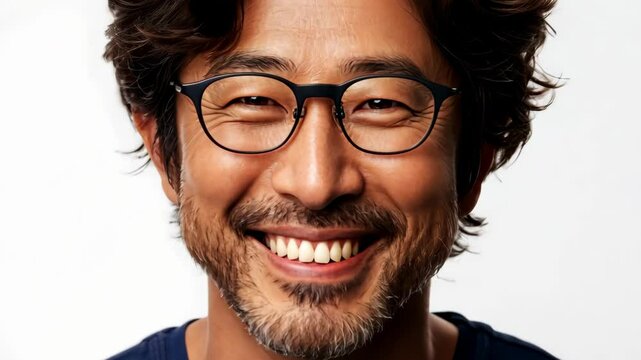 Smiling man with glasses showcasing confidence in a neutral background