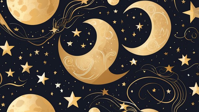 Abstract celestial patterns, moon and star shapes in soft golds.