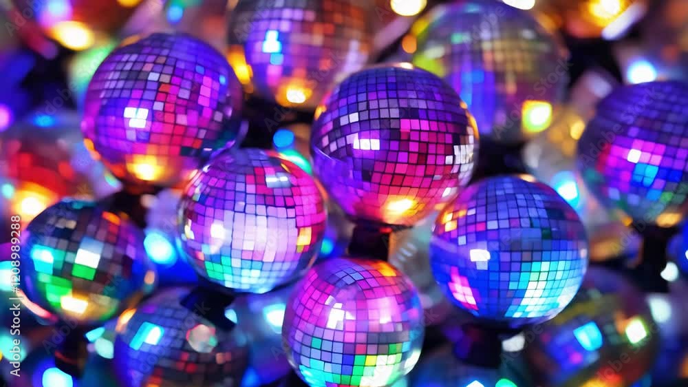 Poster dolly forward video of multi-colored led lights establishing a cluster of miniature disco balls, eac