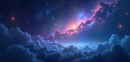 Obraz premium Cosmic clouds float in deep dark blue space. Purple, pink nebulae glow through. Vivid stars twinkle. Stunning vibrant colours, celestial patterns in fog. Abstract fantasy background perfect for