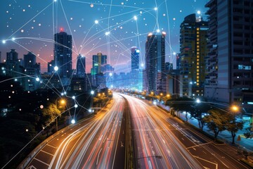 Fototapeta premium Modern smart city infrastructure showcasing IoT sensors and interconnected networks with vibrant city skyline during dusk