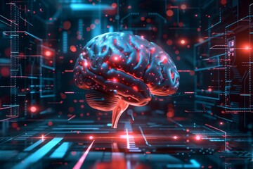A neural interface demonstrates a connection between a human brain and a computer within a futuristic digital environment filled with glowing circuitry and data patterns
