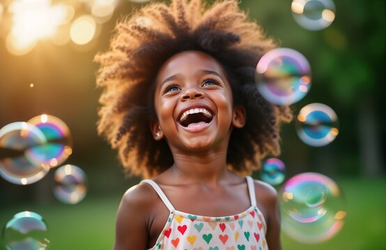 Happy African American girl laughs joyfully playing with colorful soap bubbles outdoors. Child enjoys summer fun in park. Girl smiling, open mouth. Bubbles in air. Image shows happiness, playfulness.