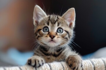 Fototapeta premium Playful rescue kitten at no-kill animal shelter looking curiously at visitors during a sunny afternoon