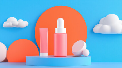Bright skincare products on colorful background with clouds and shapes