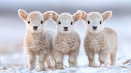 Fototapeta premium Three fluffy white lambs standing together on a snowy field during winter.