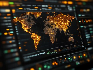 Global network map displayed on a digital screen.