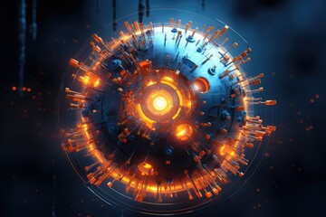 Obraz premium A mesmerizing cybernetic sphere with glowing nodes illuminates a dark environment, showcasing futuristic technology and intricate designs at an unknown time and location