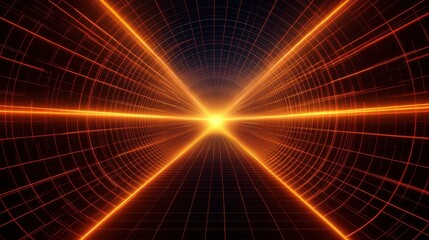 Retro-futuristic style background, reminiscent of 1980s sci-fi movies. The design features a four-dimensional rectangular tunnel with glowing grid lines on all sides that disappear into space.