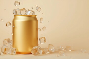 Flat lay of blank gold beverage can with ice cubes background with copy space