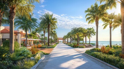 Fototapeta premium Elegant Tropical Oasis with Palm Trees Pathway and Luxurious Resort Pool