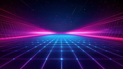 Retro-futuristic style background, reminiscent of 1980s sci-fi movies. The design features a four-dimensional rectangular tunnel with glowing grid lines on all sides that disappear into space.