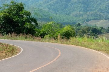 Curving hillside path of a dry asphalt road. Green grassland shrubs and foothills.