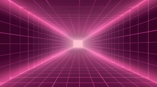Retro-futuristic style background, reminiscent of 1980s sci-fi movies. The design features a four-dimensional rectangular tunnel with glowing grid lines on all sides that disappear into space.