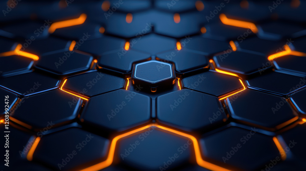 Poster cinematic shot of hexagonal pattern with glowing orange lines
