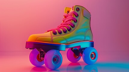 A colorful -style roller skate with bright laces and wheels, isolated on a simple gradient background.