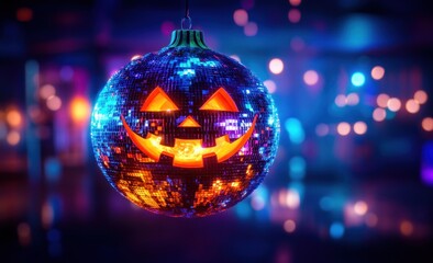 Fototapeta premium Halloween Disco Ball with Pumpkin Face Colorful Lights in Nightclub Smoke and Abstract Patterns