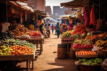 A vibrant open air market bustling with activity, colorful fruits and vegetables are displayed on stalls under awnings in a lively setting during a sunny day