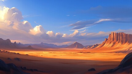 Naklejka premium Vast desert landscape with mesas and dramatic sky illustration of an arid region