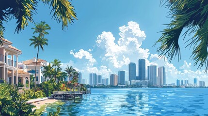 Naklejka premium Stunning Tropical Coastal Cityscape with Towering Skyscrapers and Lush Palm Trees