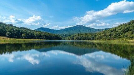 Fototapeta premium Scenic view of mountains and green forest reflection in shiny lake of nature reserve.
