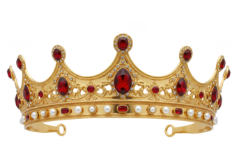 Luxurious gold crown adorned with red jewels and pearl accents, isolated on a white background