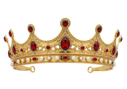 Luxurious gold crown adorned with red jewels and pearl accents, isolated on a white background