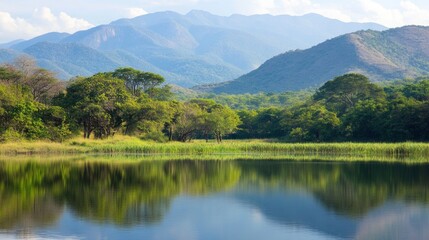 Fototapeta premium Scenic view of mountains and green forest reflection in shiny lake of nature reserve.