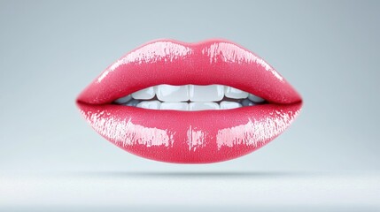 Close-up of glossy pink lips and teeth, beauty, cosmetic ad