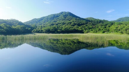 Serene Landscape with Fresh Grass and Clear Sky in the Morning