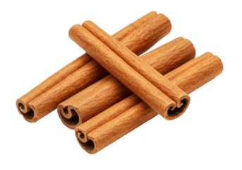 Four aromatic brown cinnamon sticks arranged in a scattered pattern, isolated on a white background