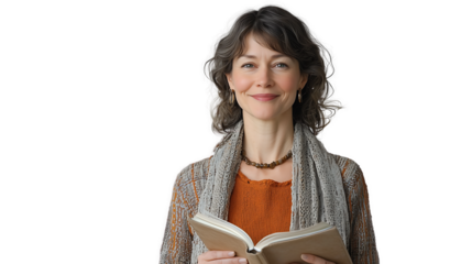 Smiling Woman Reading Book relaxed Autumnal Cozy Neutral Colors Brown Hair Casual Style isolated on transparent background