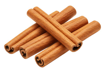 Four aromatic brown cinnamon sticks arranged in a scattered pattern, isolated on a white background