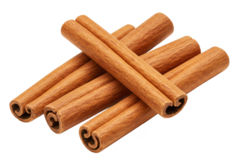 Four aromatic brown cinnamon sticks arranged in a scattered pattern, isolated on a white background