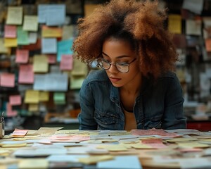 Woman reviewing notes on sticky notes.