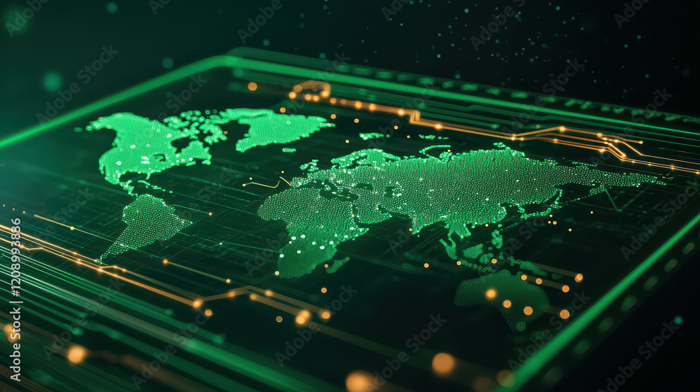 Poster digital world map with glowing green lines and circuit patterns