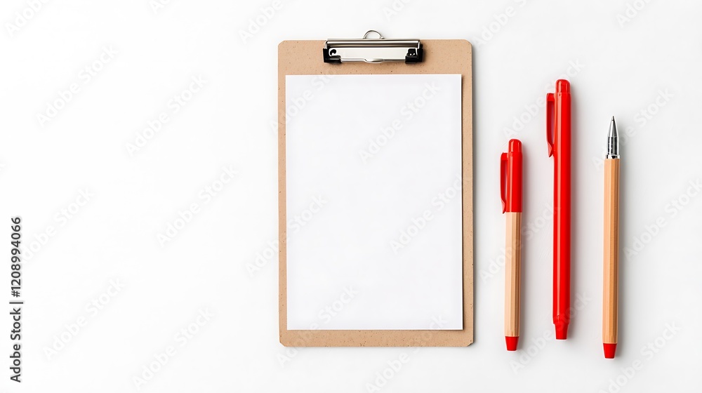 Poster a clipboard with a blank sheet of paper and red pens arranged neatly on a white background.