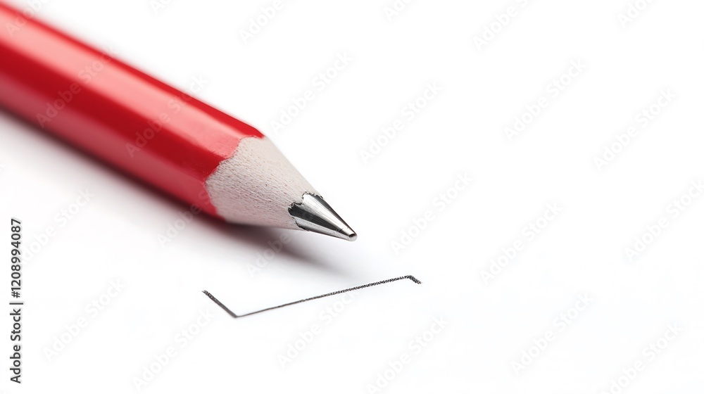 Poster a close-up of a red pencil poised above a blank sheet of paper, ready to create or sketch something 