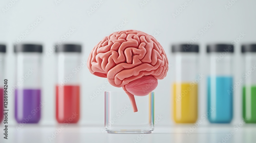 Poster a colorful brain model is displayed in a glass container, surrounded by test tubes filled with vibra
