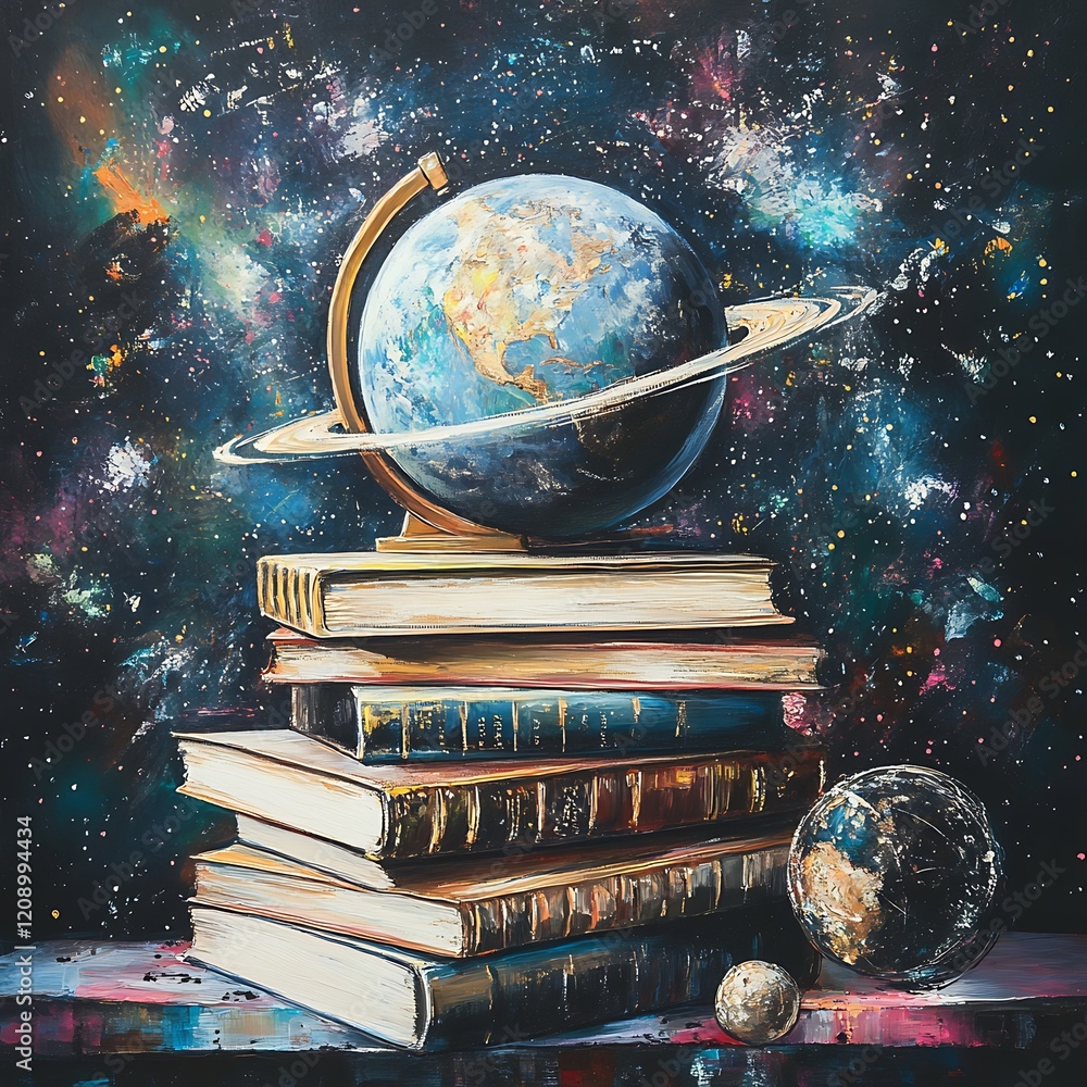 Poster a stack of vintage books with a globe and saturn in a cosmic backdrop, symbolizing knowledge and exp