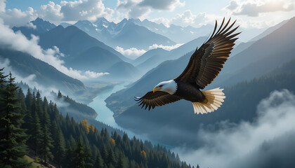 Fototapeta premium Majestic Eagle Soaring Over Misty Mountains at Dawn
