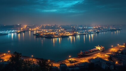 Fototapeta premium Stunning Aerial View of a Harbor at Night Featuring Illuminated Boats and Calm Waters Reflecting the Vibrant City Lights Under a Dark Blue Sky